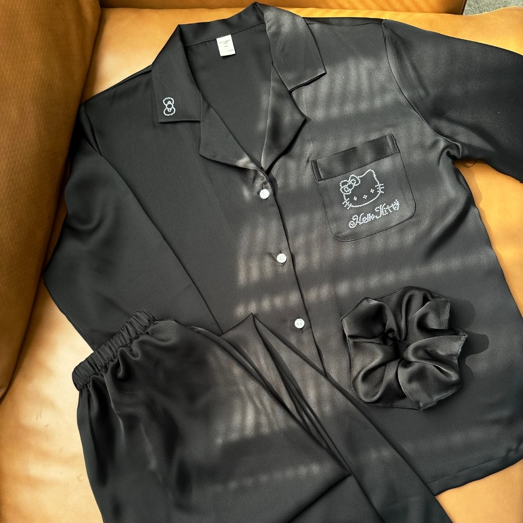 纯眠【KT】新款春秋长袖纯色仿醋酸烫钻Kitty