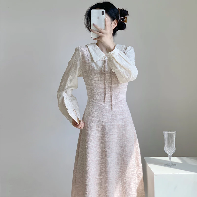 实拍2024秋冬新款粉色小香风富家千金感绝美气质长袖连衣裙9378