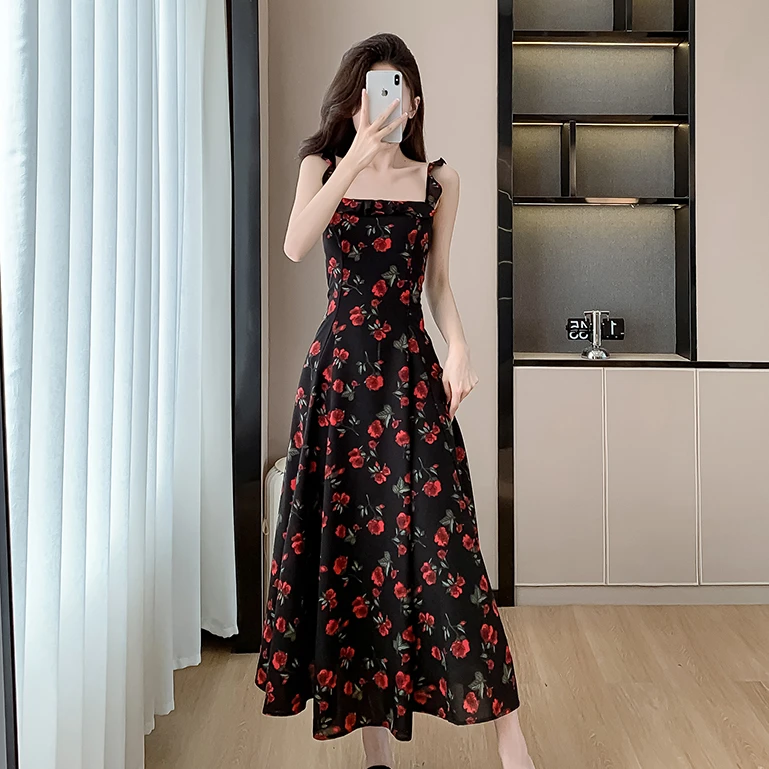 法式复古气质夏季新款女碎花玫瑰高腰吊带裙度假风连衣裙裙子6087