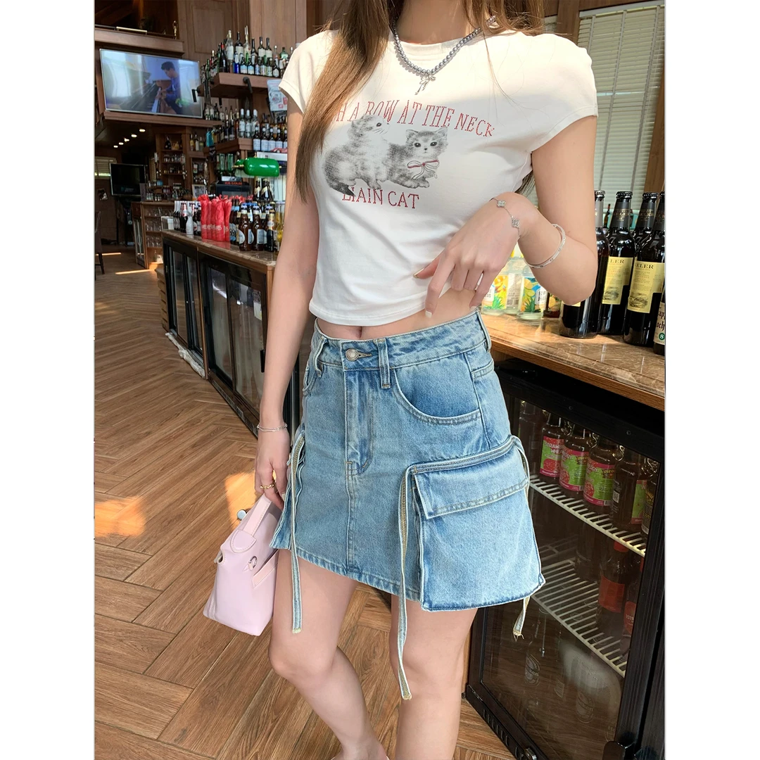 PPLAND 甜酷法则 工装牛仔半身裙女2024新款设计感做旧a字裙子
