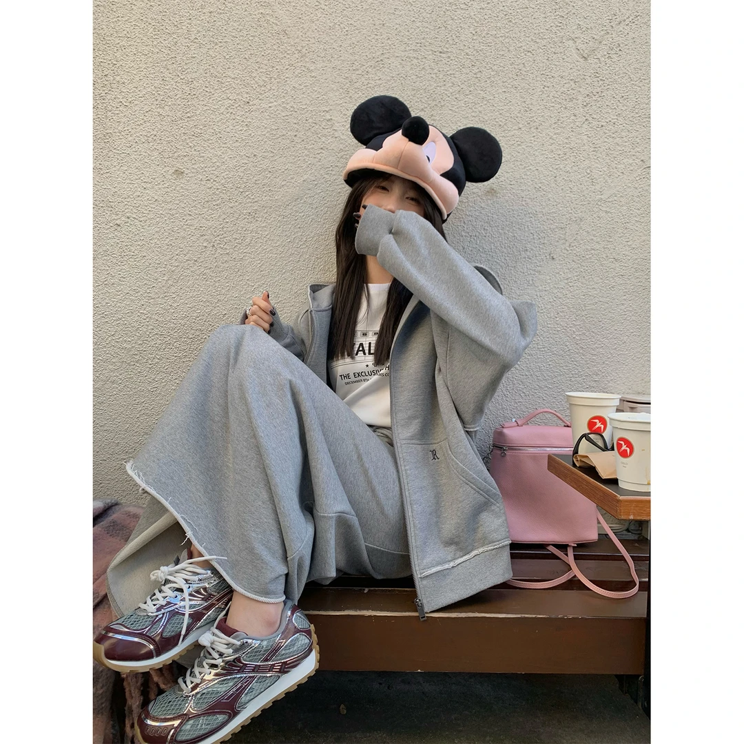 PPLAND"赵露思私服"加绒拉链连帽卫衣女抽绳慵懒针织半身裙套装