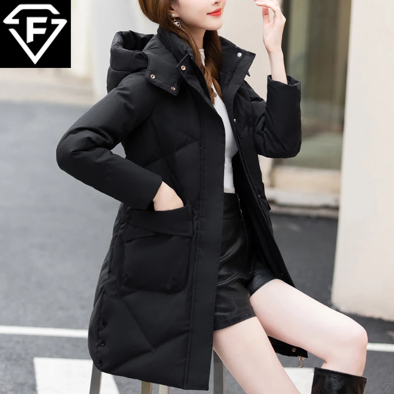 【品牌】2022冬季新款白鸭绒可脱帽羽绒服女中长款时尚保暖女外套