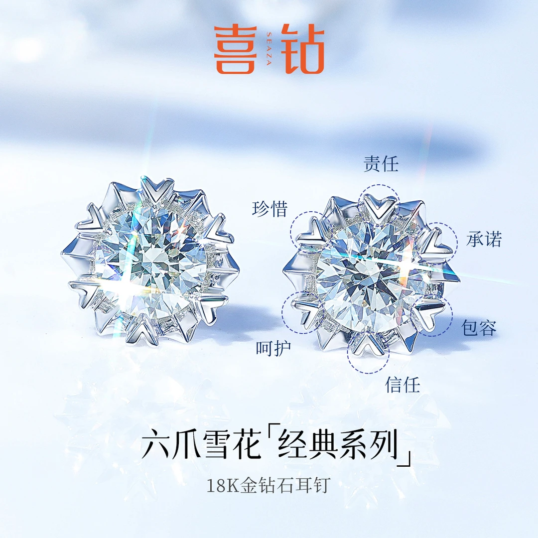 喜钻官方旗舰店雪花六爪钻石女金单钻养耳洞必备秋冬方圆脸E0001