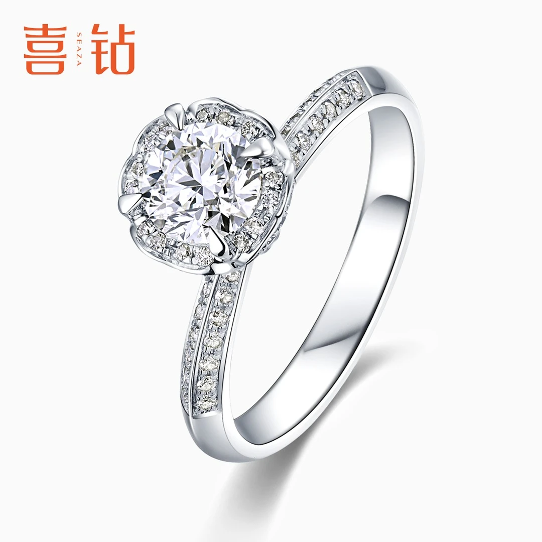 喜钻官方旗舰店 手捧花钻戒群镶显钻18K金钻戒求婚钻石戒指R16589