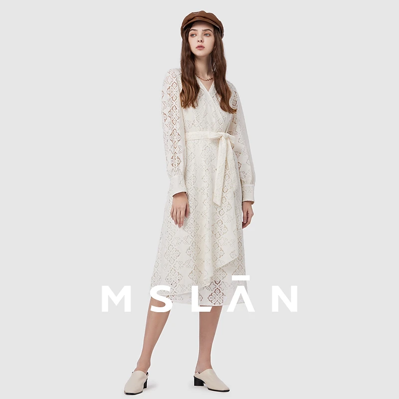 MSLAN新款设计感博主同款气质收腰不规则蕾丝连衣裙长裙 MFAV4119