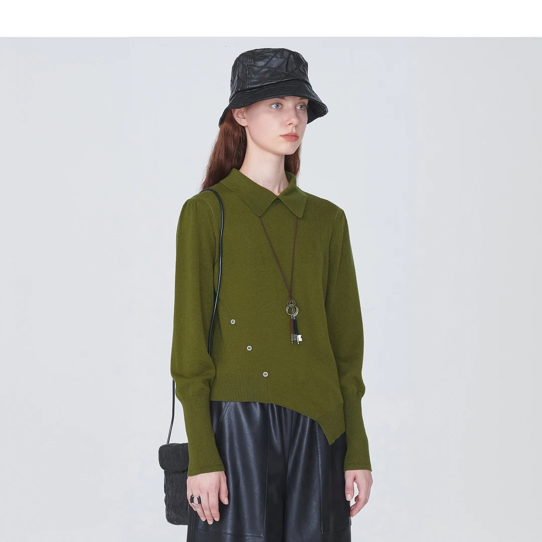 theMSLAN【薄荷曼波】女士翻领不规则针织套衫时尚打底衫女MEDV1306