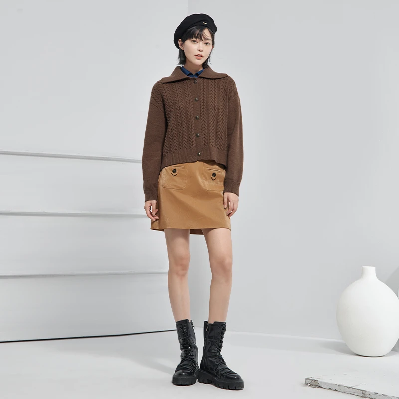 MSLAN秋冬新款女开衫针织翻领提花设计师杂点纱毛织套衫 MDDM1302
