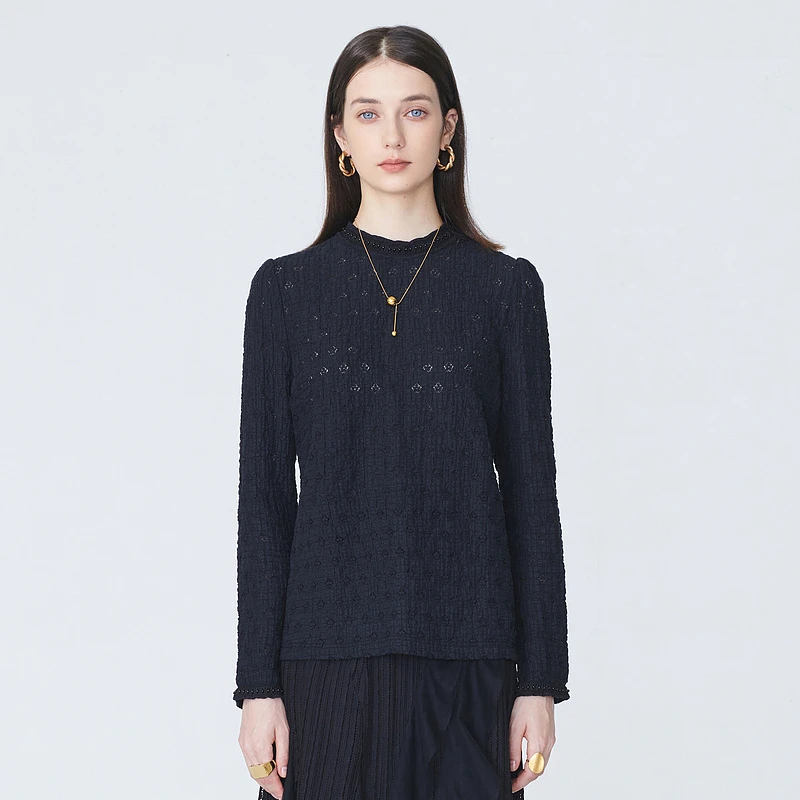 MSLAN秋季新款时尚百搭内搭设计师提花镂空圆领打底套衫 MDDA1502