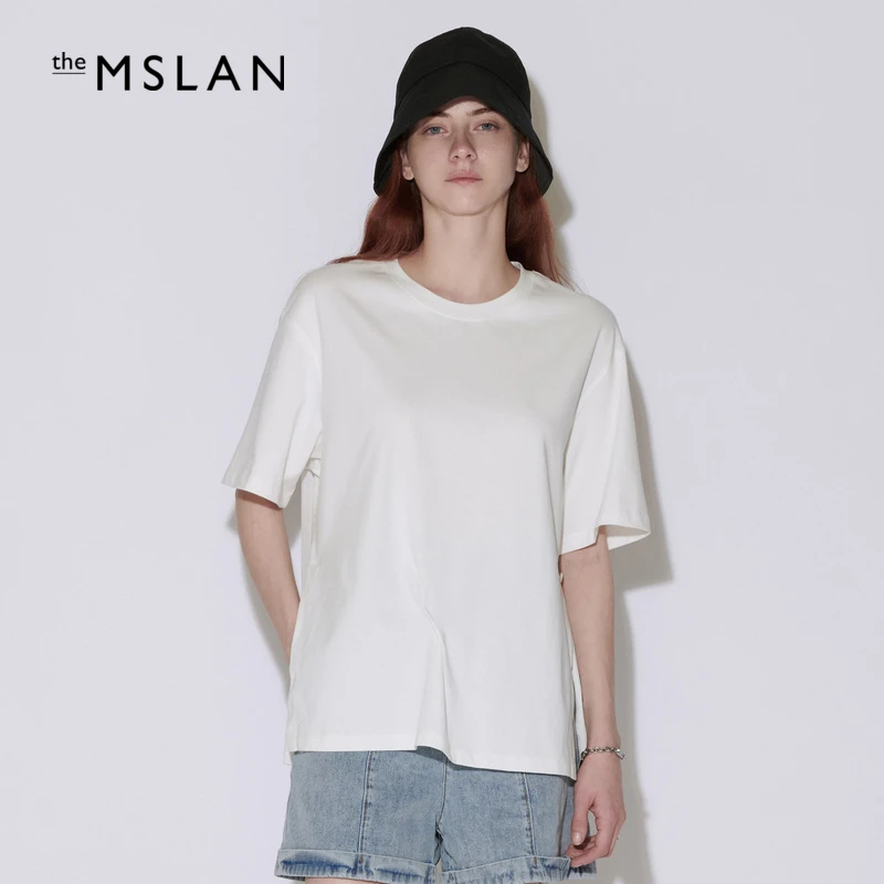 MSLAN商场同款夏季白色纯棉时尚极简风T恤短上衣新疆棉  MEBA1104