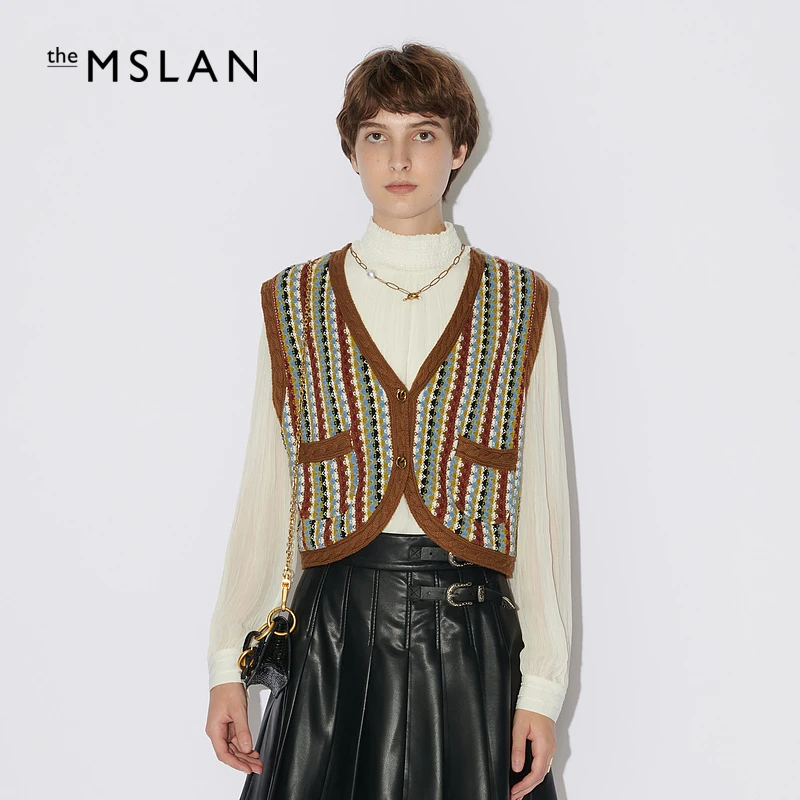 MSLAN【商场同款】秋季新款多色条纹女针织短款马夹外套 MECA2106