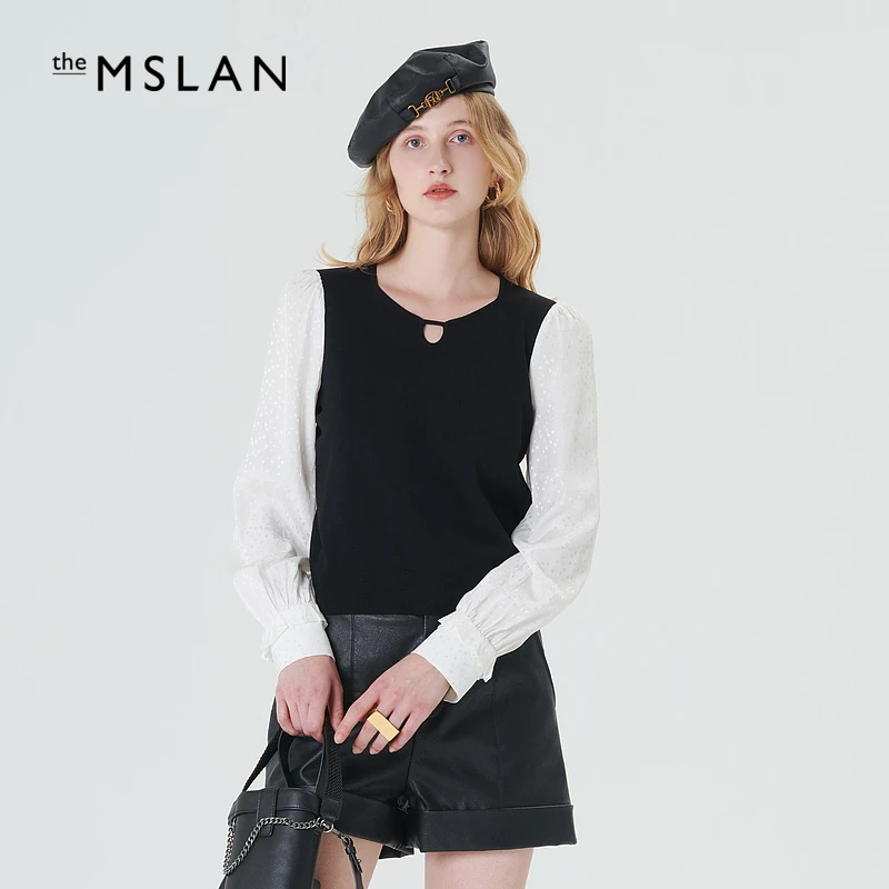 MSLAN法系复古风秋冬泡泡袖黑白拼接长袖上衣毛针织衫女 MECV1505