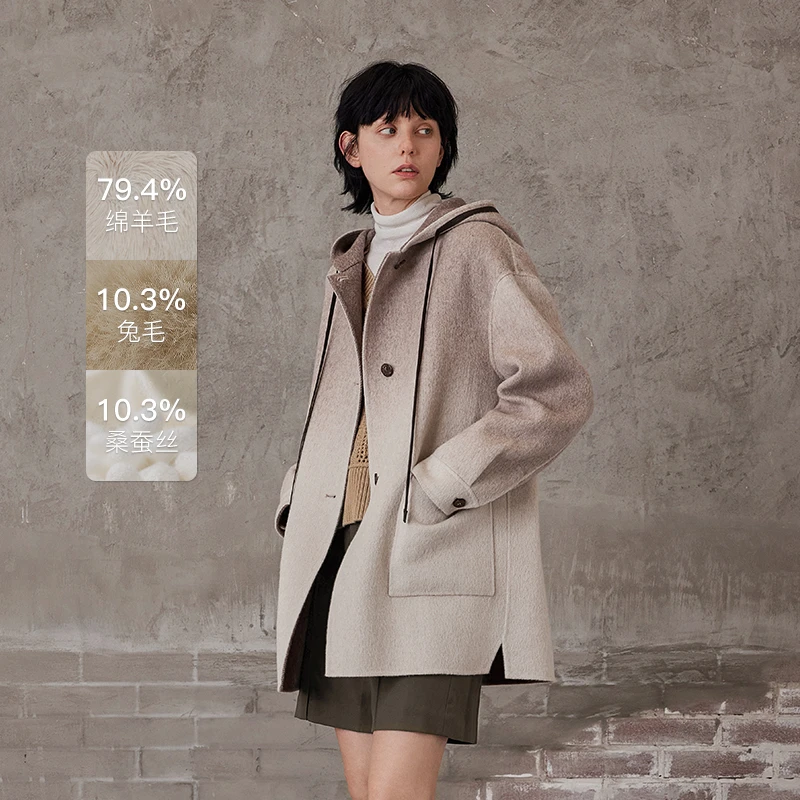 MSLAN【绵羊毛】冬季新款休闲连帽撞色渐变双面羊绒呢大衣MFDW536