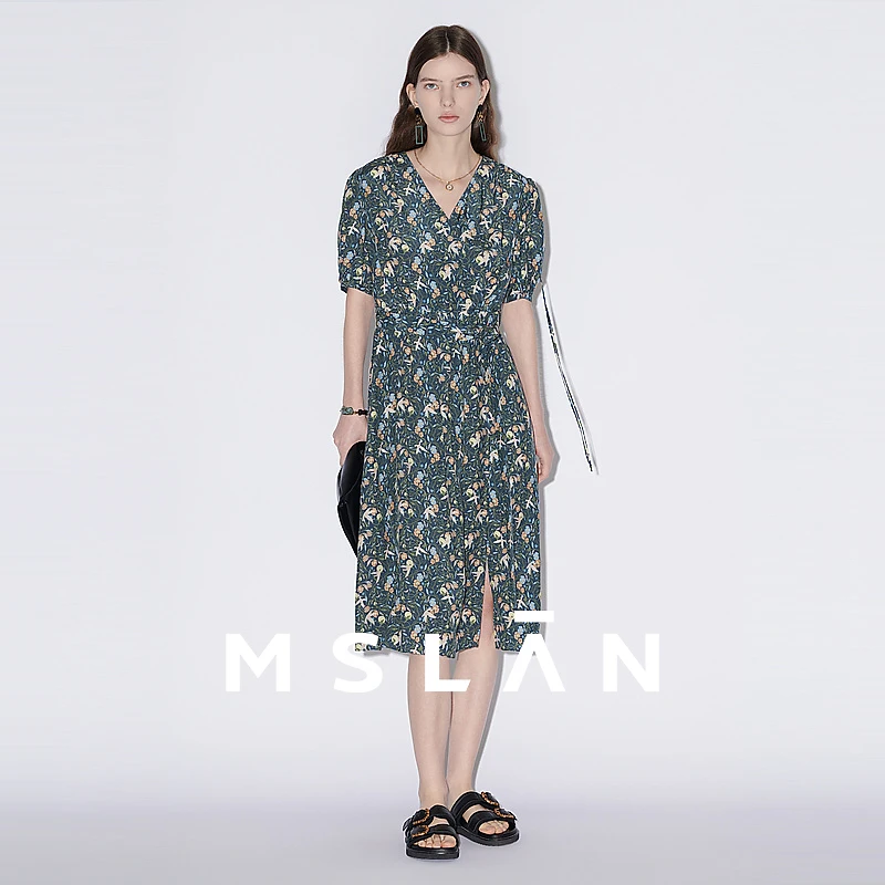 MSLAN【商场同款】时尚气质复古新款印花连衣裙MFBA4114