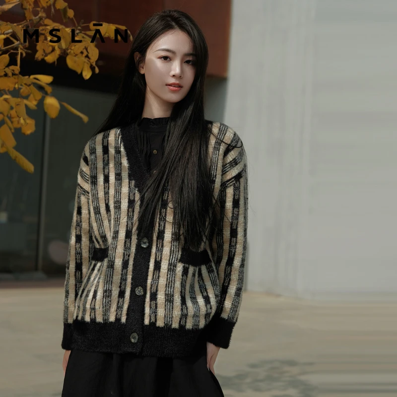 MSLAN商场同款时尚格纹无压感针织外套 MEDM2304