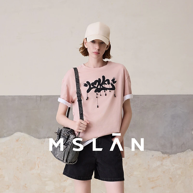 MSLAN【商场同款】夏季新款宽松休闲串珠流苏印花短袖T恤 MFBN1102