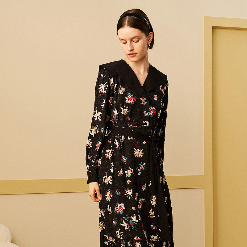 MSLAN【商场同款】春季收腰长袖气质V领裙子碎花连衣裙女MECA4106