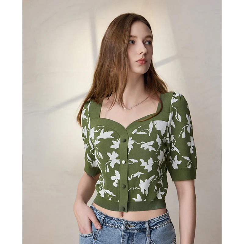 MSLAN【薄荷曼波】夏季新款通勤时尚方领碎花毛织套衫 MFBV1304