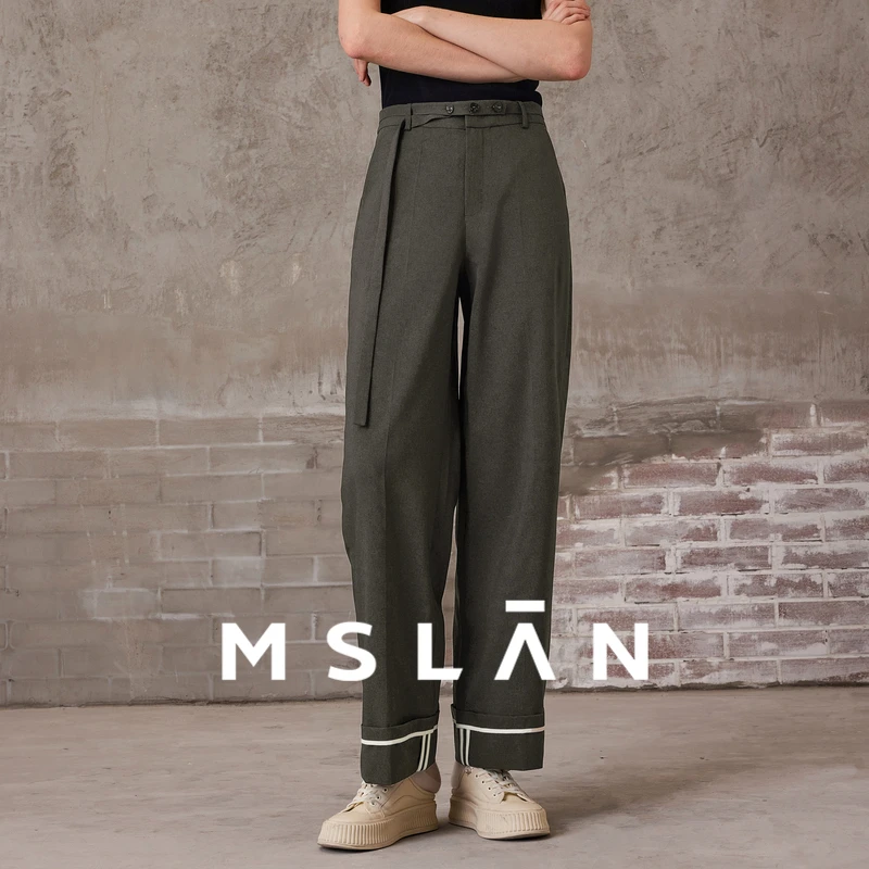 MSLAN【商场同款】精致通勤风细腰带撞色滚边直筒长裤女 MFAN6801