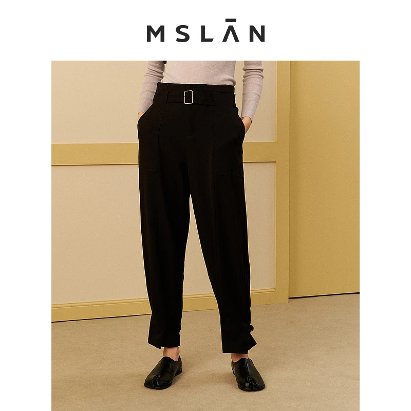 MSLAN新款宽松显瘦直筒休闲黑色气质舒适收口哈伦裤女 MEAM6503