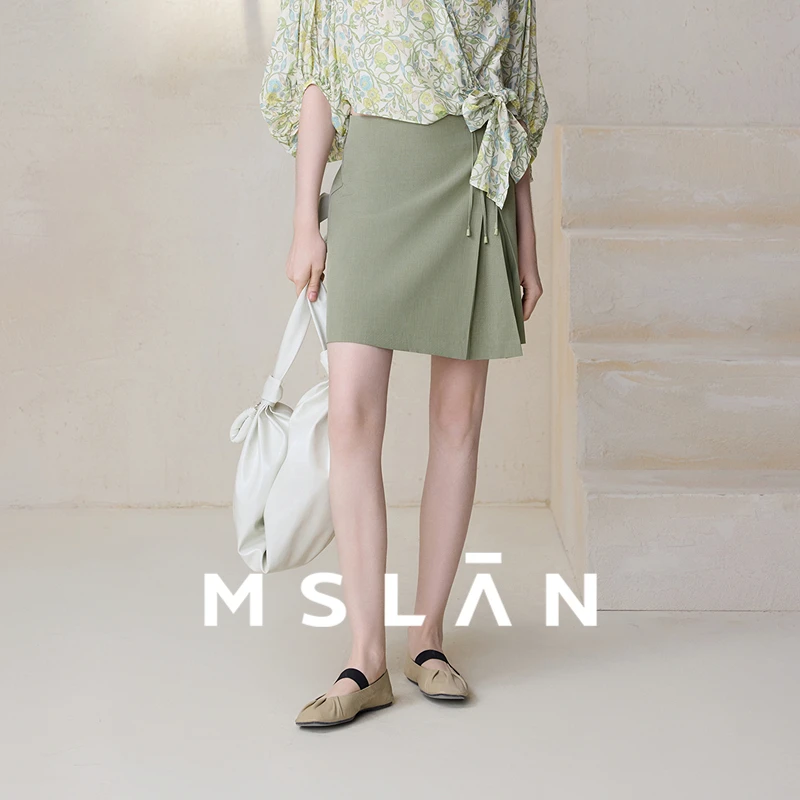 MSLAN【薄荷曼波】春季绿色西装裙A字气质高腰压褶半身裙女MFBE8104
