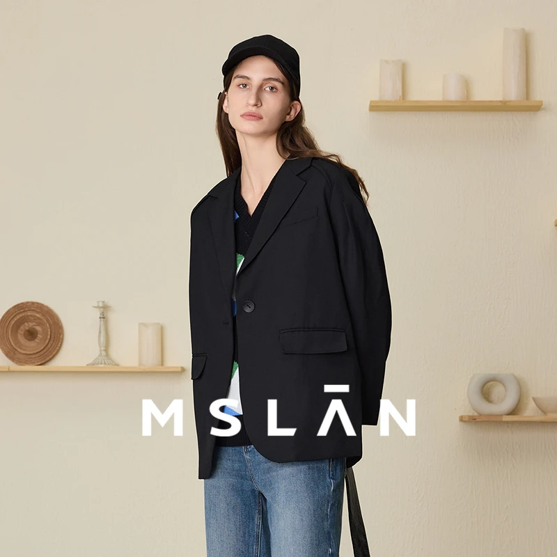 MSLAN【绵羊毛西装】气质休闲时尚黑色翻领抽绳西装外套MEAM2507