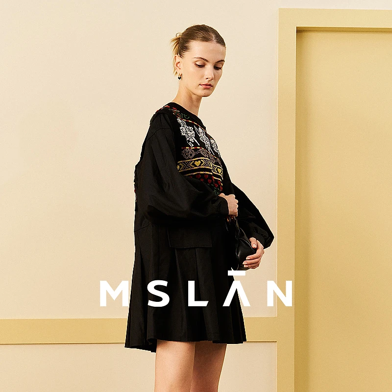 MSLAN【商场款】秋季新款民族风拼接长袖文艺连衣裙裙子 MECE4135