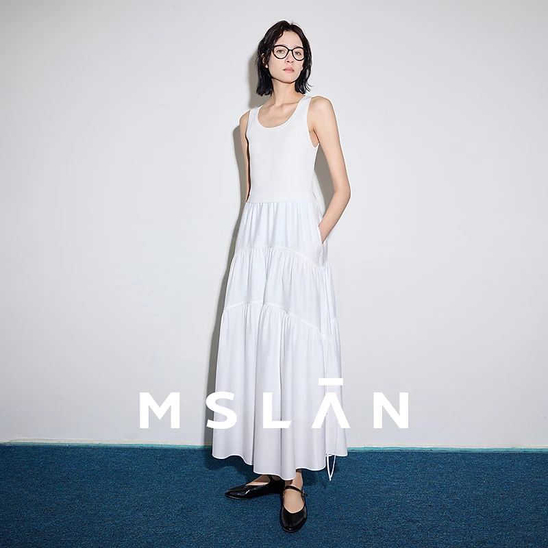 theMSLAN商场同款新款显瘦简约拼接高腰无袖绑带连衣裙MGBT067