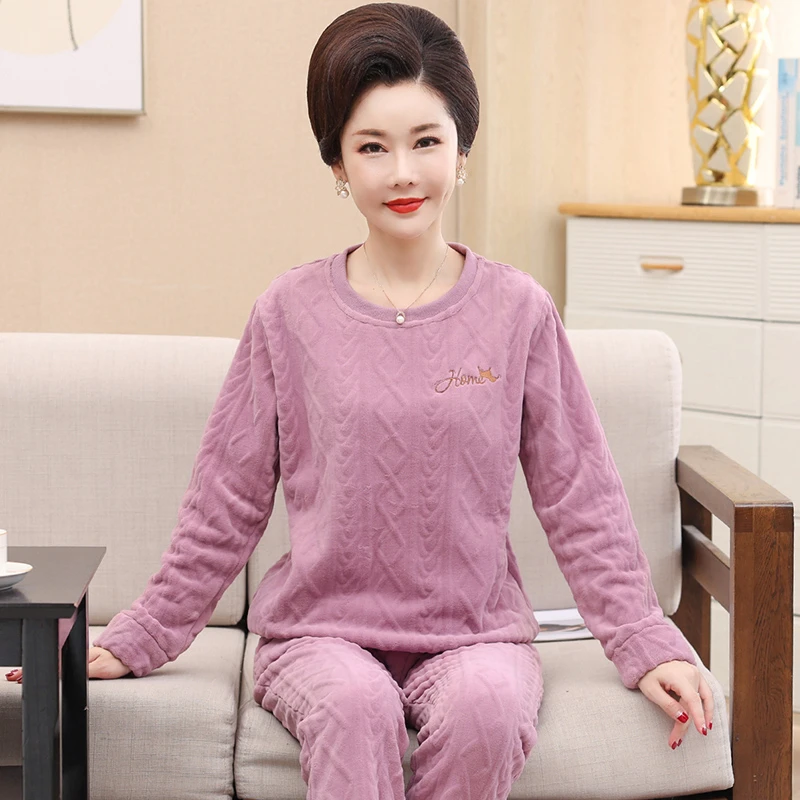 春秋冬季中老年婆婆睡衣女士中年妈妈法兰绒珊瑚绒家居服套头套装
