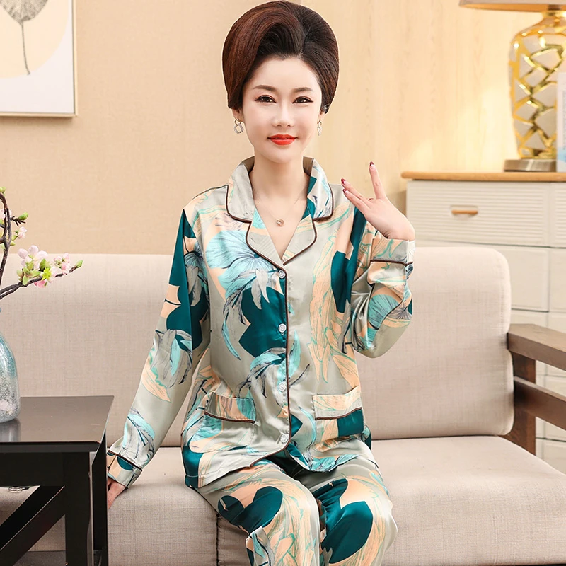 冰丝睡衣女春秋季薄款长袖开衫妈妈款仿真丝绸印花韩系家居服套装