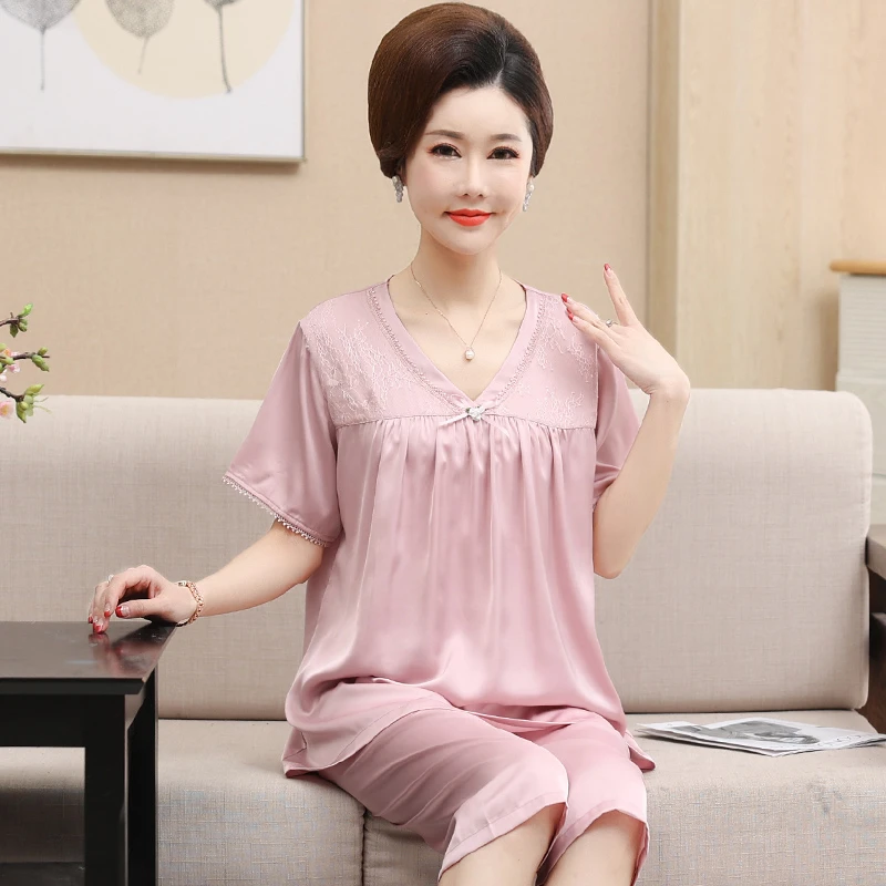 中年人妈妈夏季短袖七分裤冰丝睡衣薄款仿真丝绸家居服两件套