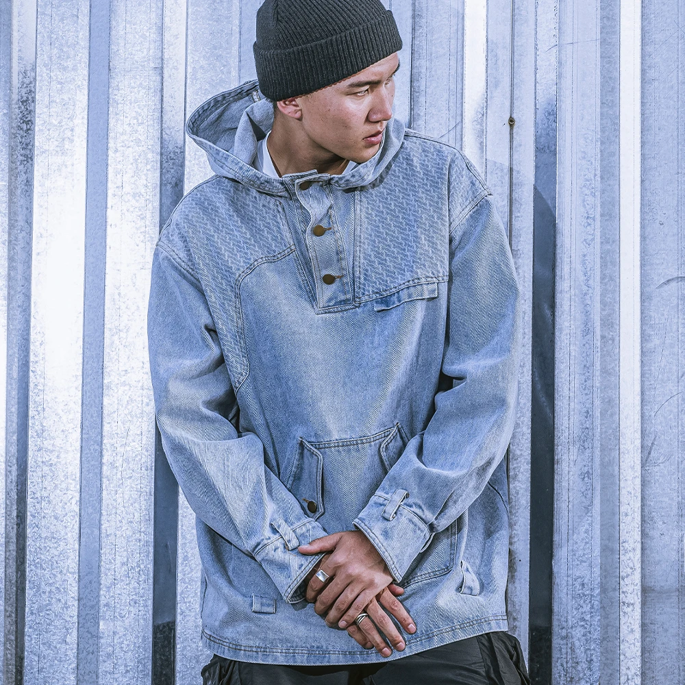 『麝牛』男女同款重水洗激光印花连帽中长款宽松春季牛仔外