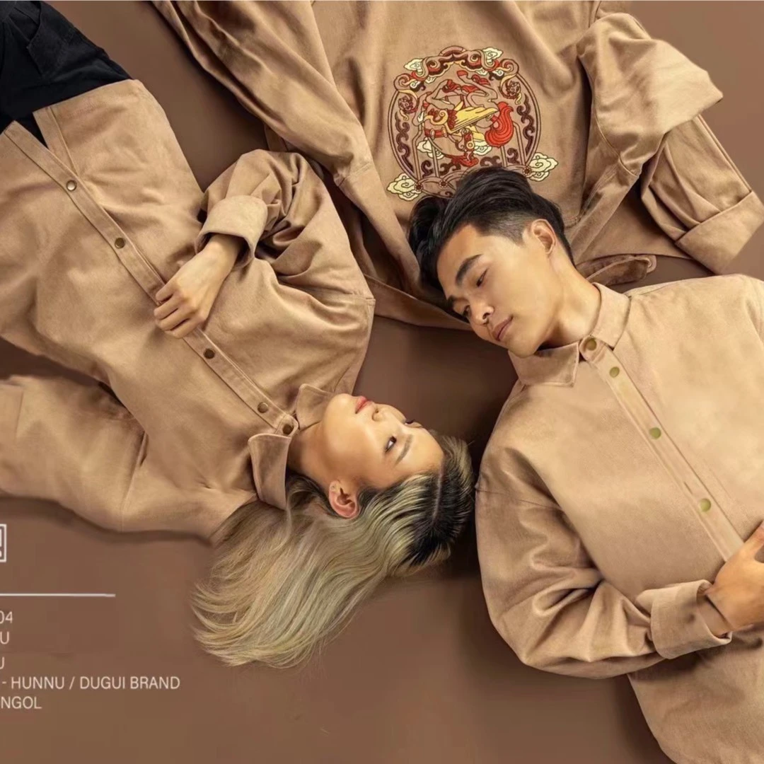 “天马”刺绣工装衬衫男女同款休闲翻领情侣装红色国潮重磅复古