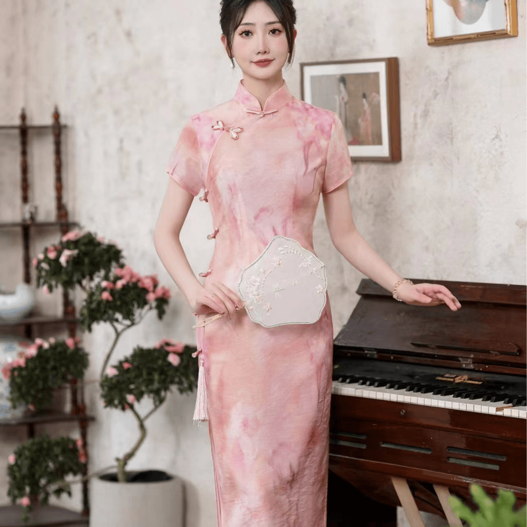 笙香-双层显瘦网红时尚中国风印花紫色优雅旗袍