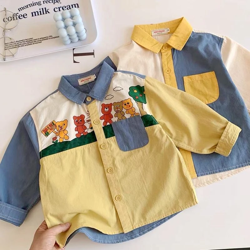 日系童装春秋季新款男童翻领衬衣可爱宝宝拼色上衣儿童长袖衬衫潮
