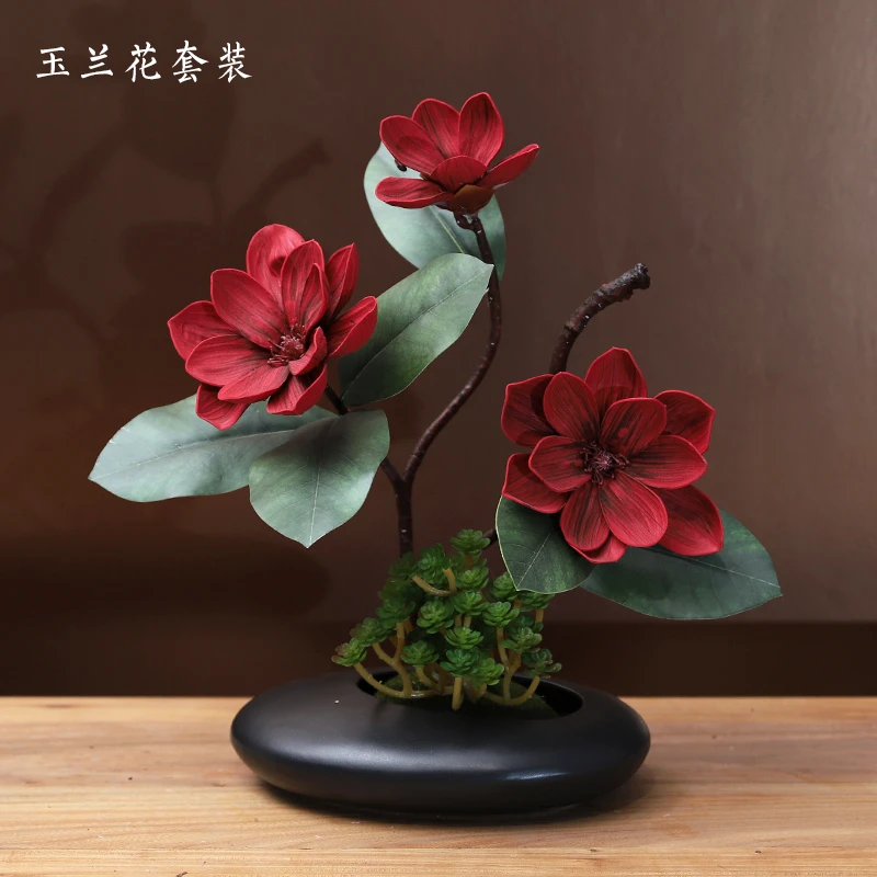 仿真玉兰花假花套装餐桌酒柜电视柜摆放家居酒店花卉装饰百搭风格