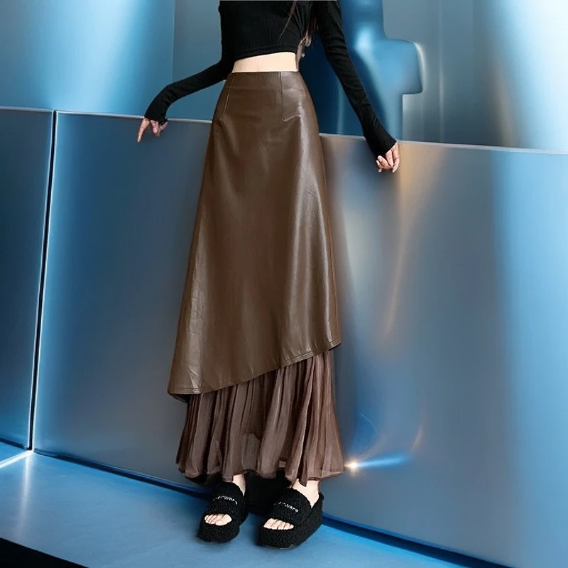 2024美式复古a字半身裙女早秋新款皮裙斜下摆拼接高腰显瘦A字长裙