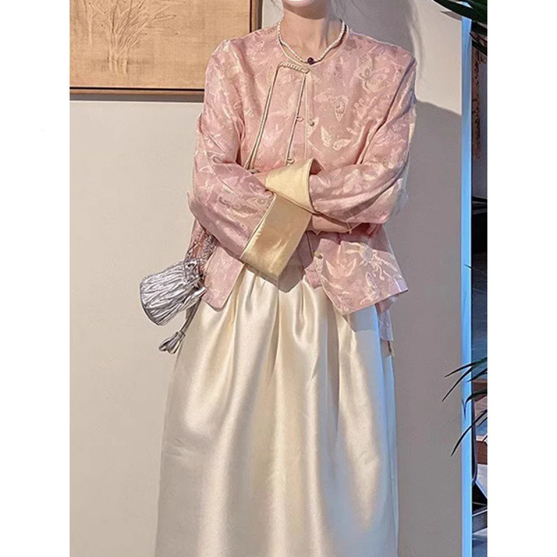 国风禅意茶服新中式女早秋新款粉色盘扣30-40岁减龄套装