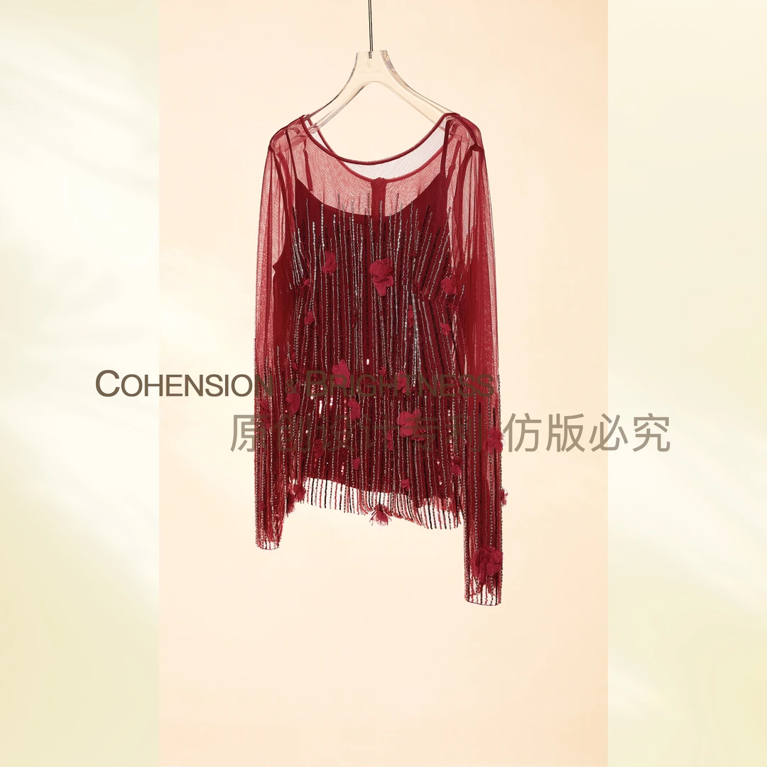 凝慧真的好【梅子红酒】新款镂空性感薄款重工辣妹网纱衬衫CN126