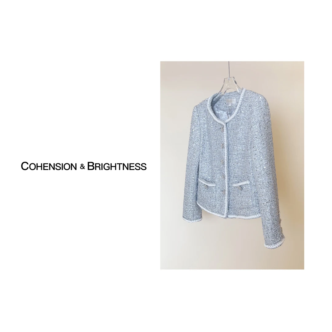 凝慧真的好【星光闪耀】早秋高级感银色编织圆领小香风外套YO001