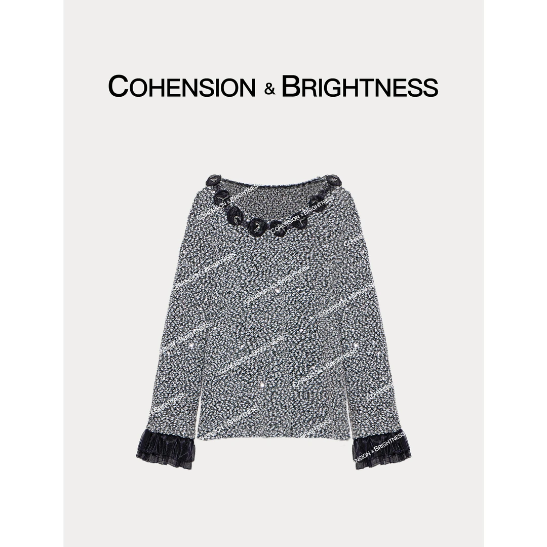 凝慧真的好【灰白记忆】新款法式亮片圆领纱网拼接针织衫CQ180