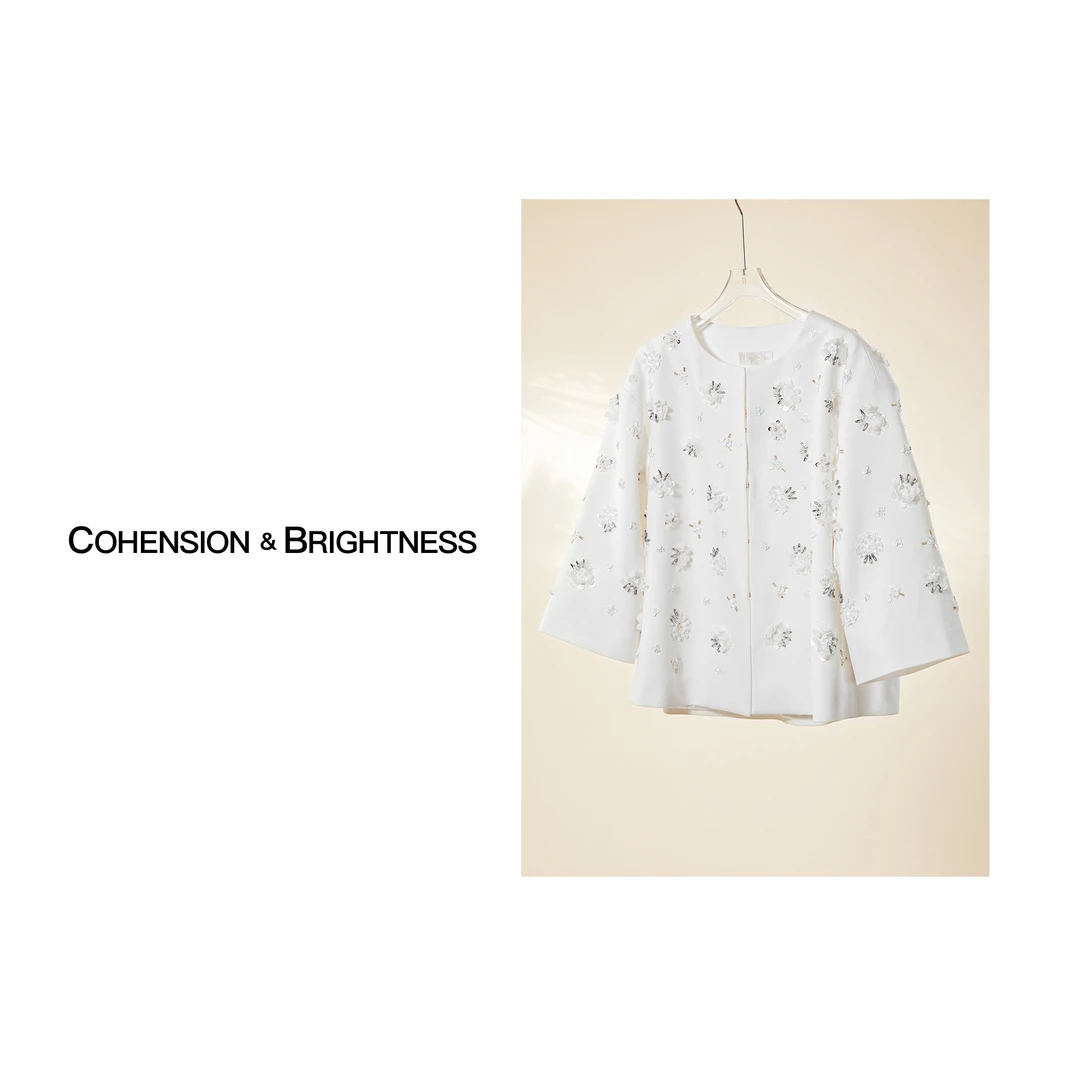凝慧【白芷鸢尾】秋季新款重工钉珠圆领宽松百搭外套反季 YP125