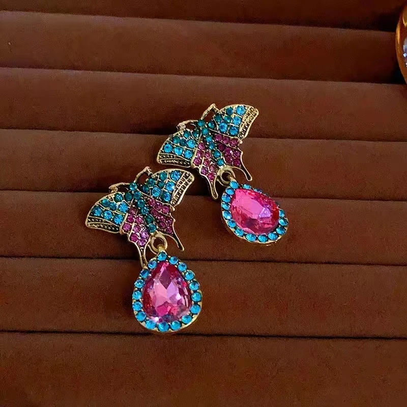 中古vintage满镶蝴蝶水滴耳环气质复古高级感耳饰5224