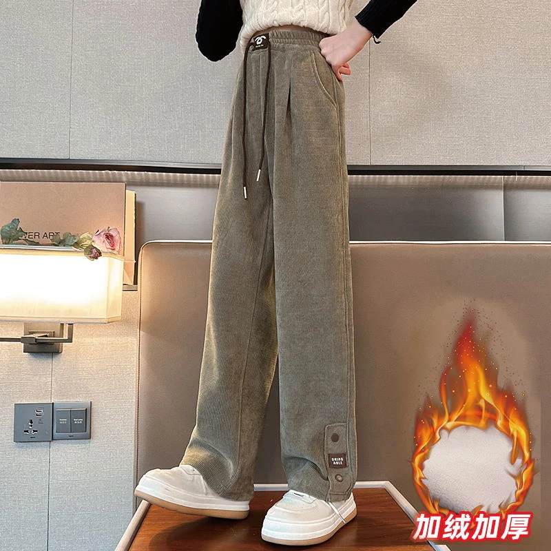 女童秋冬裤子2024新款一体加绒儿童阔腿裤中大童冬季休闲直筒长裤