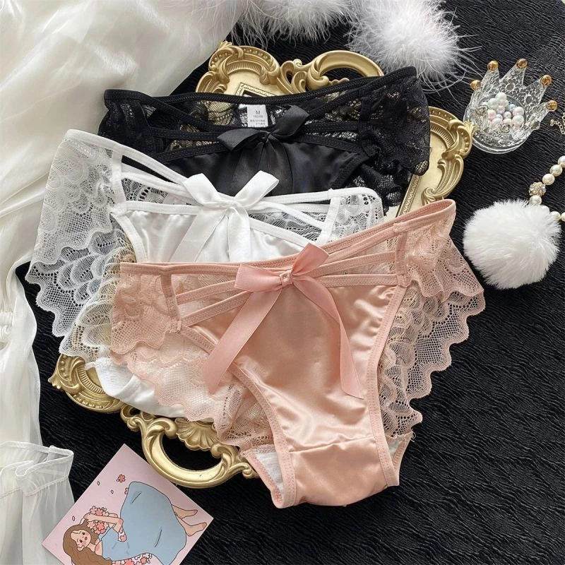 日系缎面性感镂空蕾丝内裤女透气纯欲蝴蝶结少女低腰无痕三角裤