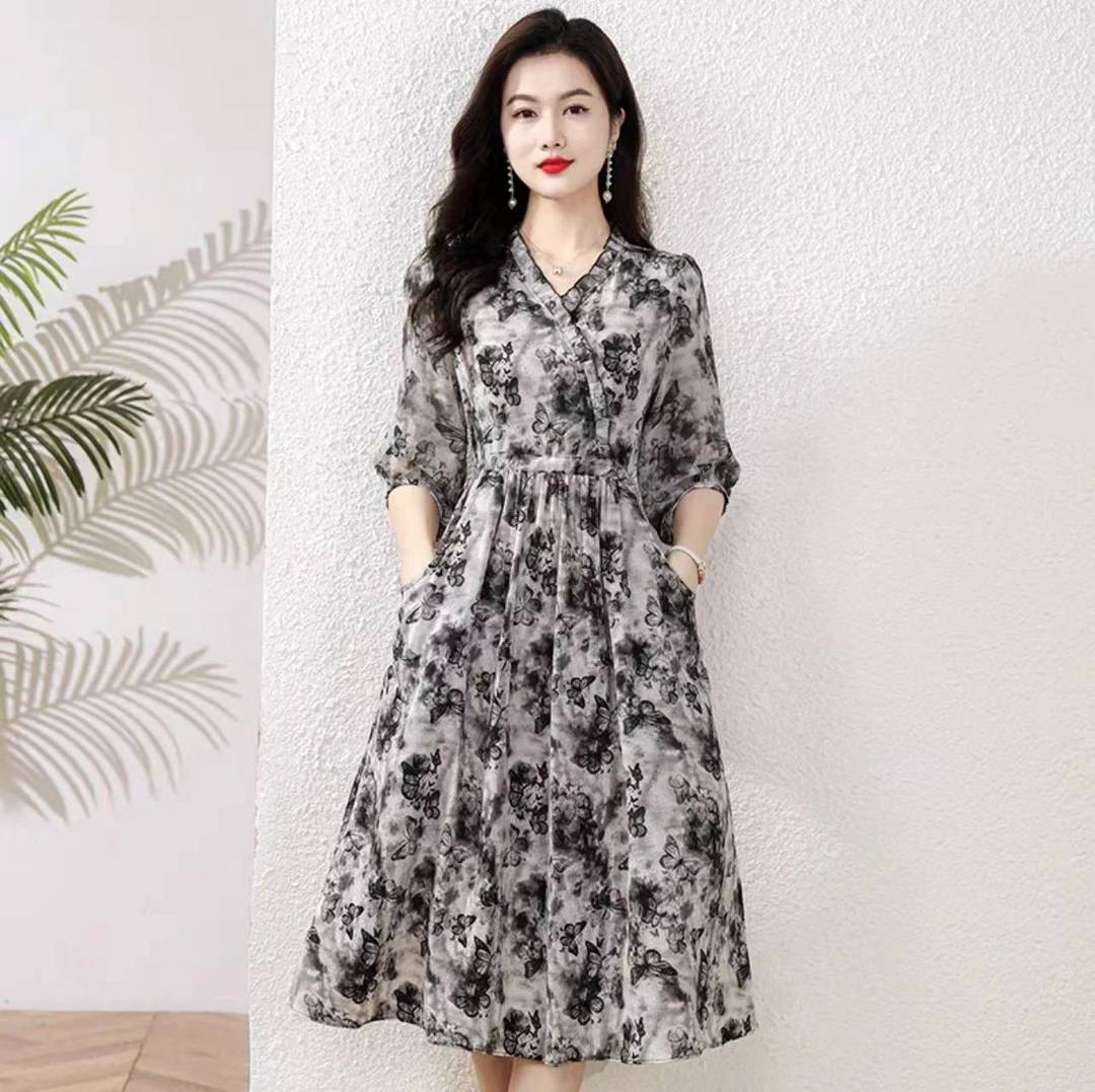 122收腰时尚中长款韩版显瘦减龄水墨蝴蝶花超仙裙