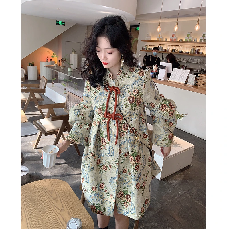 宽松连衣裙长袖春秋复古中国风提花春夏显瘦气质时尚