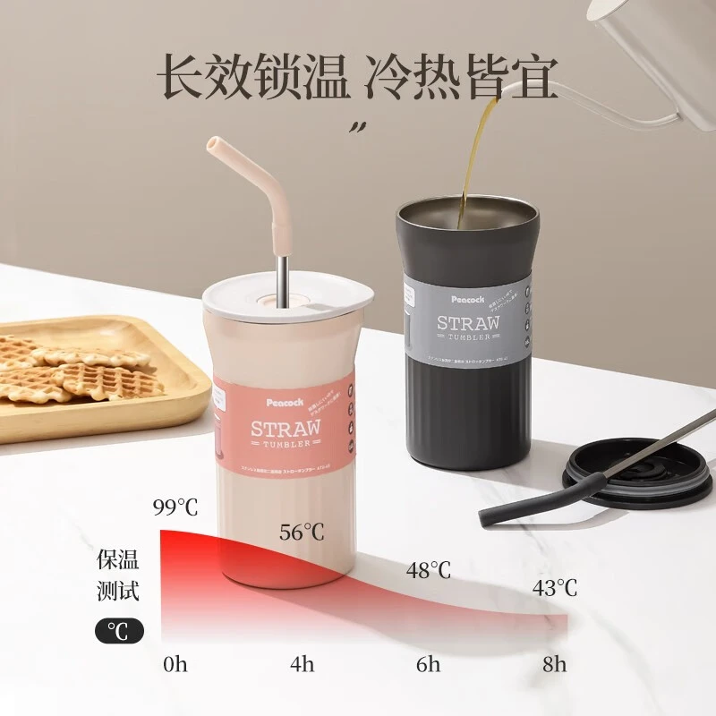 孔雀/peacock保温杯316不锈钢吸管杯女士咖啡杯高颜值杯子-DTG