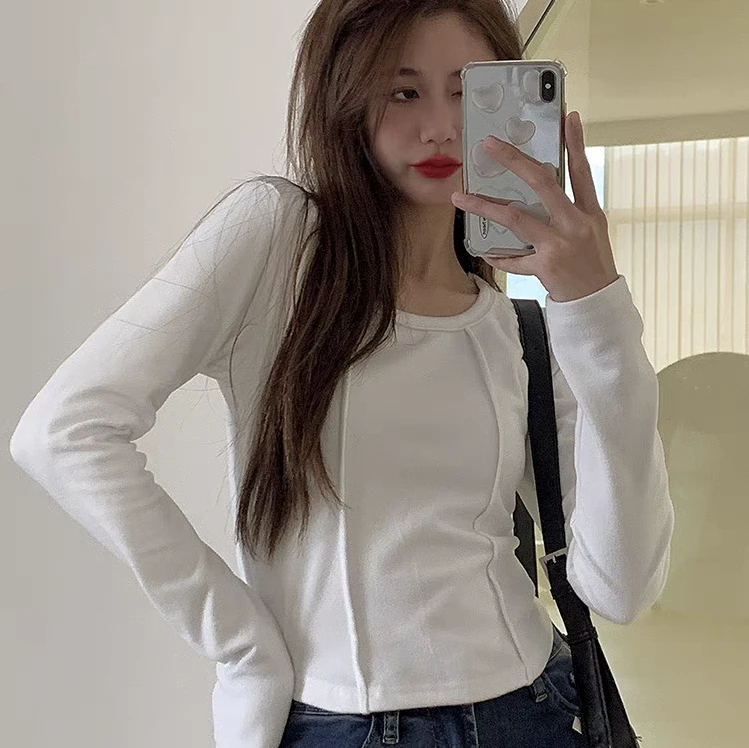 德绒打底衫女秋冬新款内搭加绒加厚短款修身长袖t恤辣妹鱼骨上衣