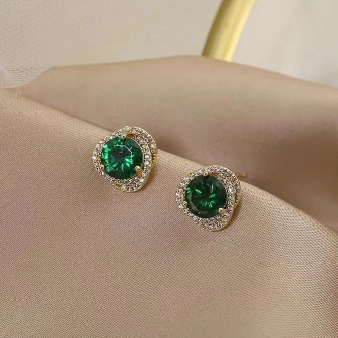 铜合金耳饰 S925银针精致微镶耳钉女轻奢小众富贵绿色锆石耳饰品