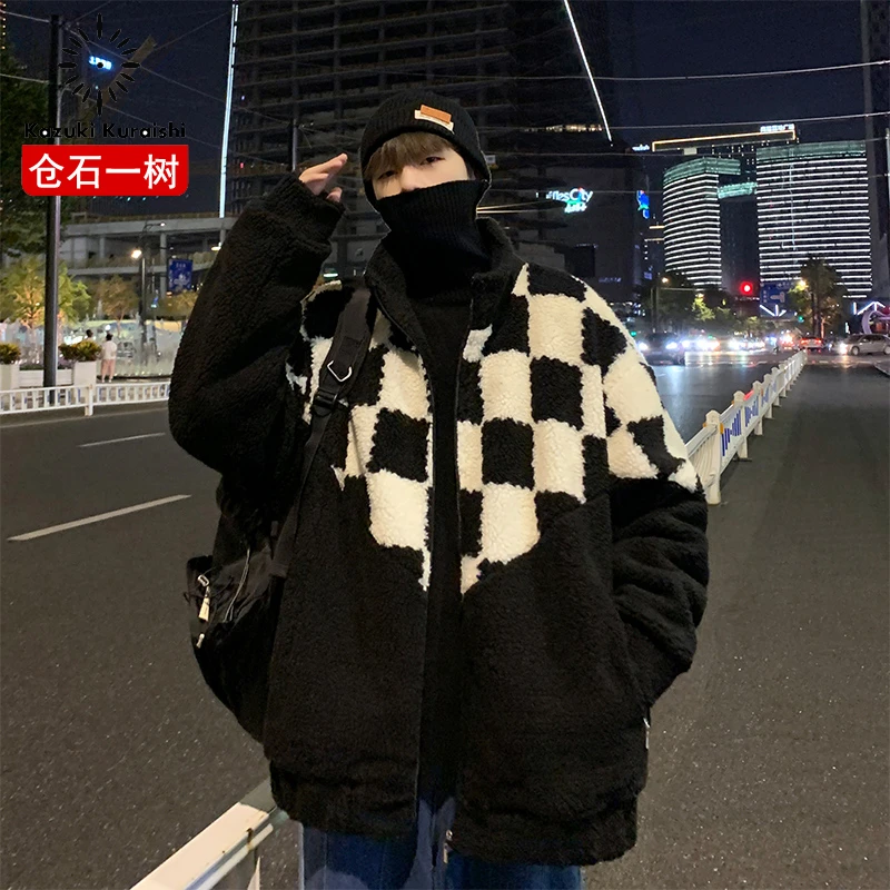 仓石一树棋盘格拼接加厚羊羔绒外套男冬季加厚潮流棉服高级感情侣